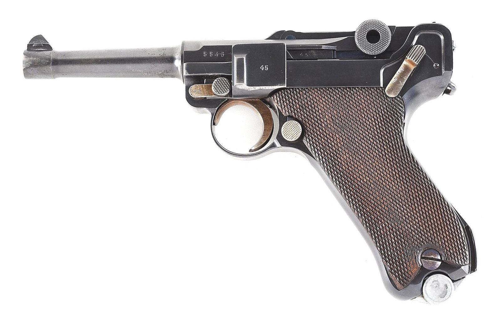 (C) 1936 DATE MAUSER "S/42" CODE P.08 LUGER SEMI AUTOMATIC PISTOL WITH HOLSTER.: Manufactured in 1936. 1936 date code observed on front of frame near chamber. Mauser's cryptic "S/42" marking observed on toggle. All numbers match. Mounted with unnumbered checkered wood grips. Blue 