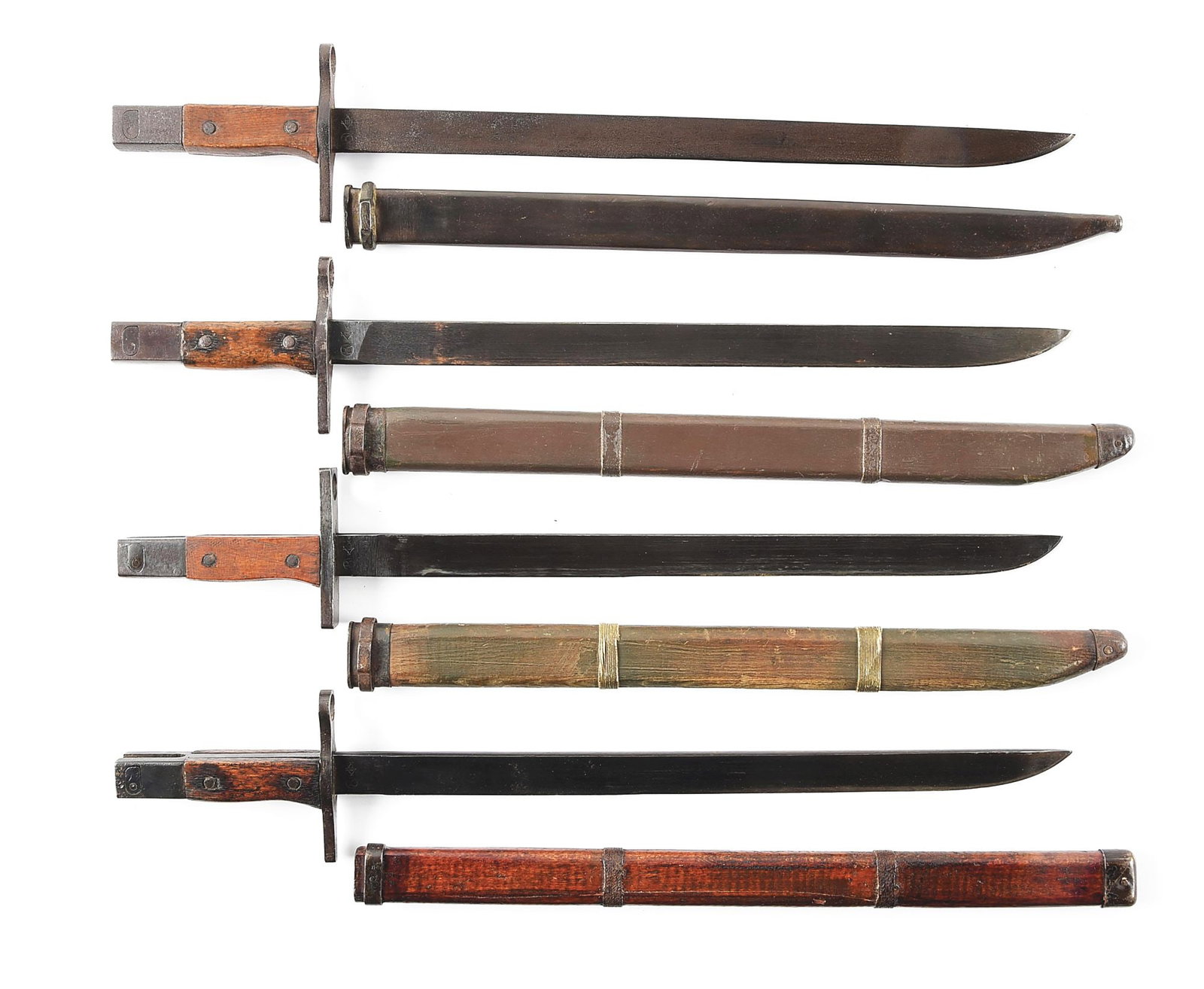 LOT OF 4: JAPANESE WWII LAST DITCH TYPE 30 ARISAKA BAYONETS.: Lot consists of: (A) Japanese WWII Type 30 Arisaka bayonet manufactured by Toyoda Automatic Loom Works under Nagoya supervision with metal scabbard. Blade exhibits a heavy gray patina. Consistent agin