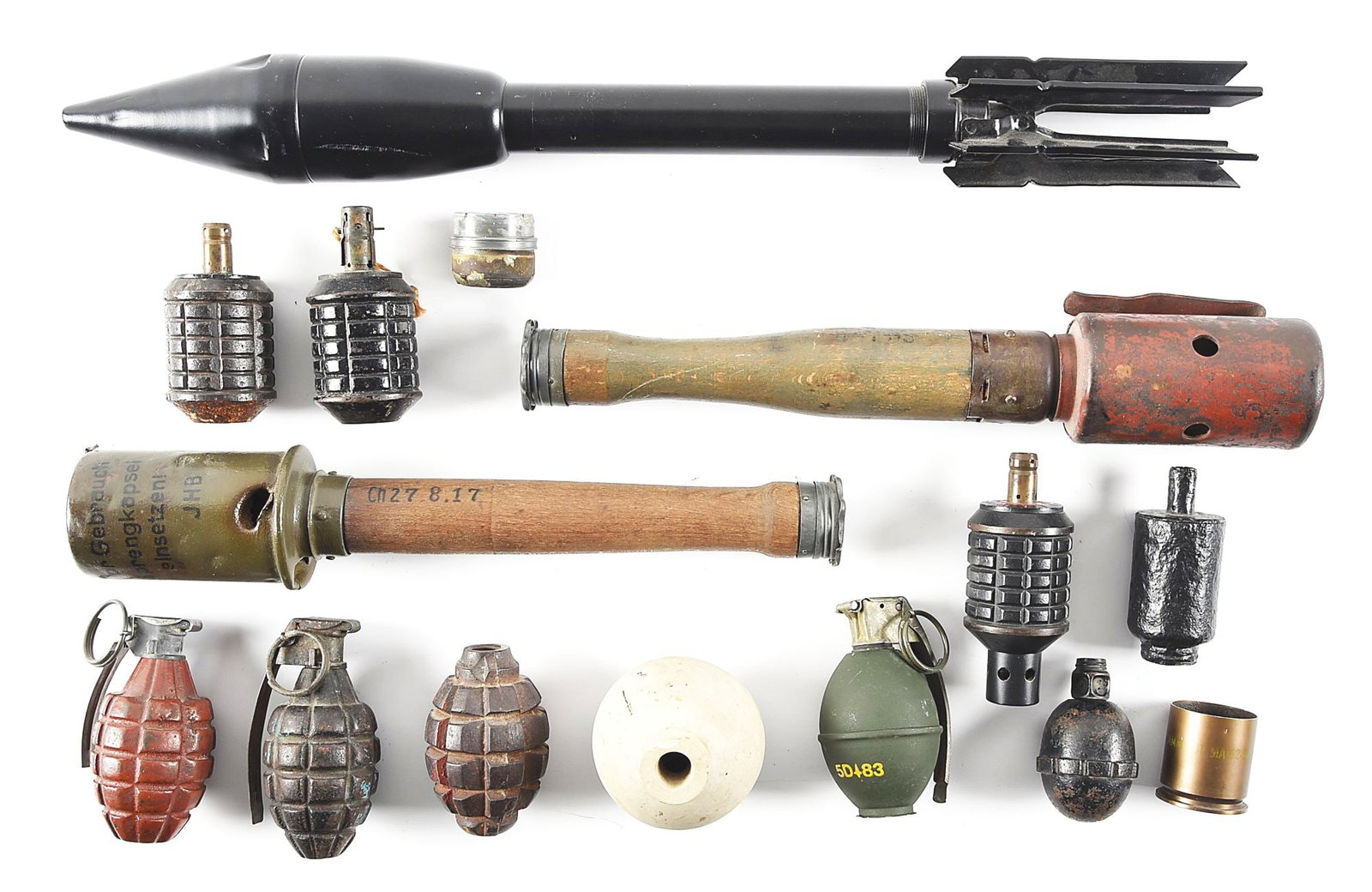 LOT OF 15: JAPANESE, US, AND GERMAN WWI-WWII DEMILLED GRENADES.: Lot consists of: (A) Bazooka 2.36" anti-tank rocket, which was most likely a training round that was painted black. (B) German WWI inert training Stielhandgranate with red painted warhead and clip. Fa
