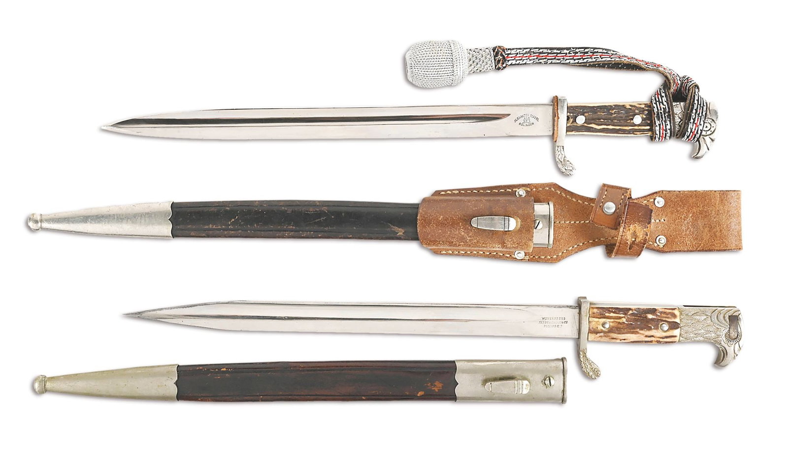 LOT OF 2: THIRD REICH POLICE BAYONETS.: Lot consists of: (A) Third Reich police bayonet with "ALEXANDER COPPEL SOLINGEN" marked nickel-plated steel blade, which has been cut down from an Imperial German police bayonet. Blade is bright with 
