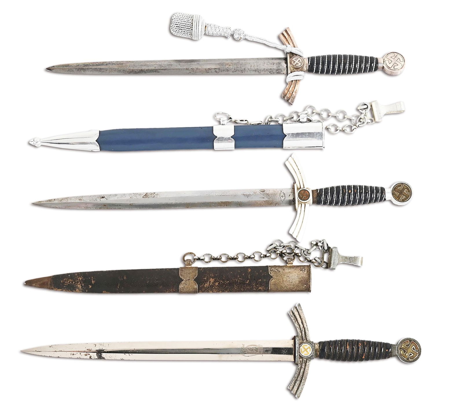 LOT OF 3: GERMAN WWII FIRST MODEL LUFTWAFFE DAGGERS.: Lot consists of: (A) German World War II Luftwaffe 1st model dagger with an "Original Eickhorn Solingen" marked blade. Gray patina and scattered marks. Tip was dulled and resharpened. Aluminum fitting