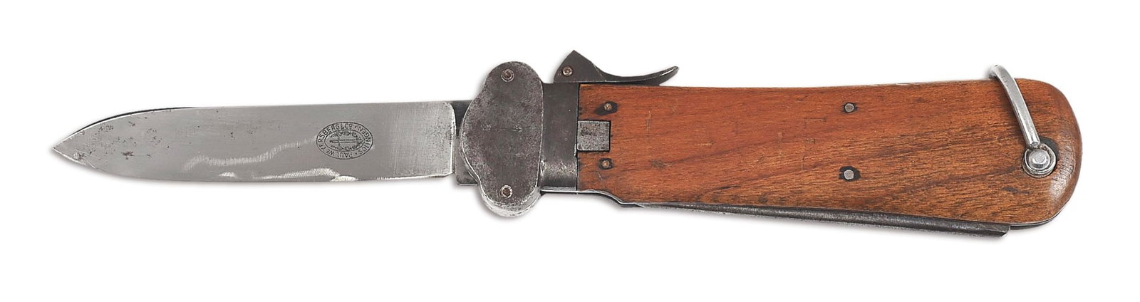 GERMAN WWII LUFTWAFFE TAKE DOWN GRAVITY KNIFE BY WEYERSBERG.: German World War II Luftwaffe aircrew 2nd model take down gravity knife with a "PAUL WEYERSBERG & CO. SOLINGEN" marked blade. There are scattered blemishes and a gray patina on the blade with scattere