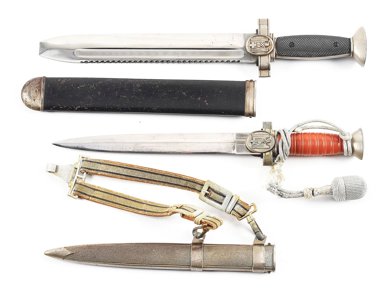LOT OF 2: THIRD REICH RED CROSS HEWER AND LEADER'S DAGGER.: Lot consists of: (A) German World War II Red Cross Hewer with "GES GESCHUTZT" marked blade. Very nice factory cross graining along the length of the bright blade. Scattered light blemishes with sharp