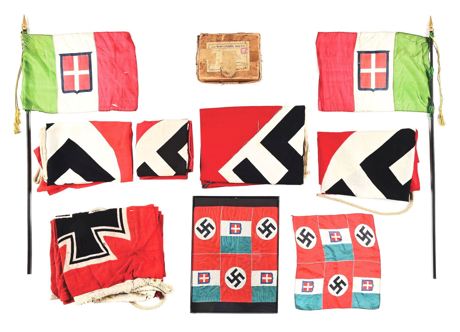 LOT OF 10: THIRD REICH AND AXIS POWERS FLAGS.: Lot consists of: (A) Third Reich War Flag that is constructed of wool bunting. No markings on hoist. Frayed areas with staining throughout. Measures approximately 87" x 54". (B) Third Reich NSDAP flag