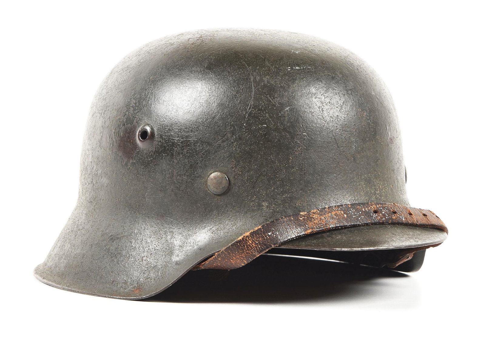 GERMAN WWII HEER SINGLE DECAL M42 HELMET.: German World War II Heer M42 single decal helmet in a shell maker/size "hkp6x" and lot number of "1928". Shell exterior retains approximately 75% of its rough gray-green paint, with freckling, stains,