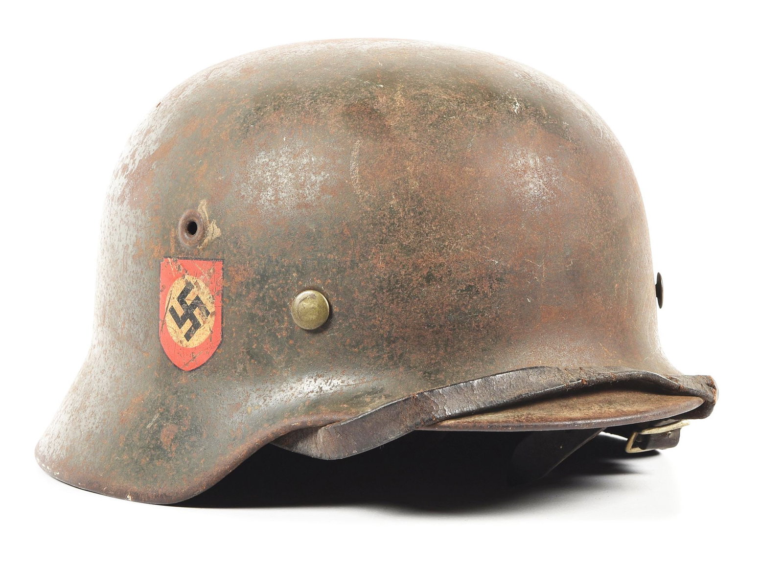 GERMAN WWII POLICE DOUBLE DECAL M40 HELMET.: German World War II Polizei M40 double decal helmet in a shell maker/size "SE66" and lot number of "954". Shell exterior retains approximately 50% of its rough gray-green paint, with freckling, stains