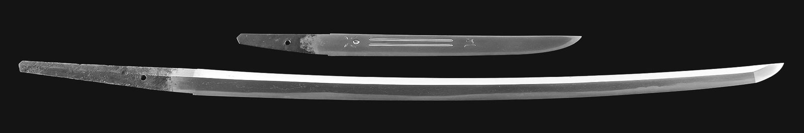 A COMPOSED DAISHO WITH NBTHK HOZON PAPERS TO SHIGETSUGU AND ECHIZEN SHIMOSAKA.: Literally "long and short" the daisho was the pair of swords worn by samurai, mandated in 1629 and restricted to samurai in 1683. Daisho are the quintessential samurai item. Daisho mounts with forest 