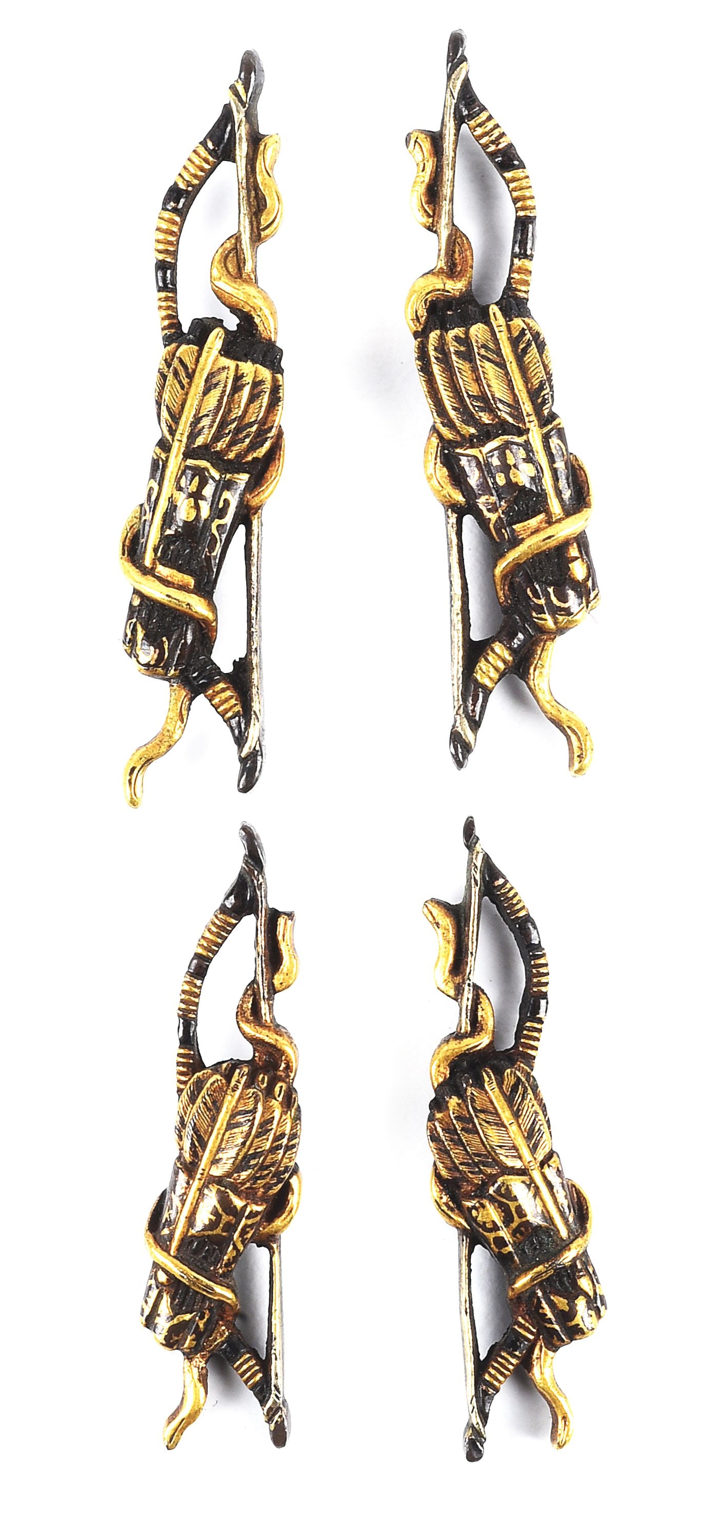 SET OF DAISHO MENUKI IN A KIRI BOX, DEPICTING BOWS AND QUIVERS OF ARROWS.: Mumei, with katana menuki measuring approximately 5cm across, wakizashi menuki 4.2cm. Set of menuki for a daisho depicting traditional Japanese archery equipment, including a yumi (bow), ya (arrows),