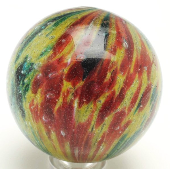 4-Paneled Onionskin Marble.: Faceted pontil. Two opposing panels of yellow and green and two opposing panels of yellow and red. Nice spotting of colors. This marble has two subsurface reflections but no glass is missing. Conditio