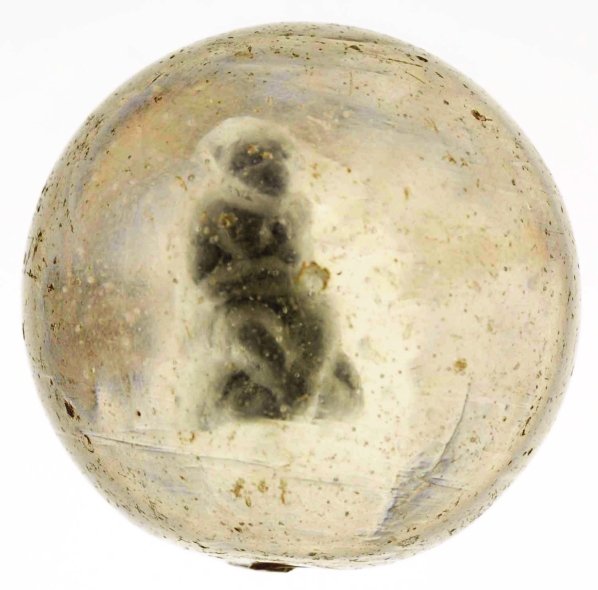 Monkey Sitting on Rock Sulphide Marble.: Surface shows scratching, wear, and minor chipping. Condition (8.85). Size 1 - 13/16"" Dia."