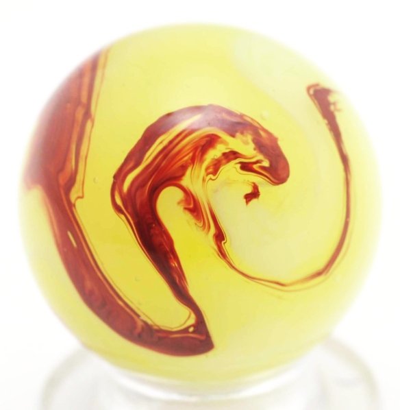 Akro Agate Lemonade Oxblood Marble.: Lemonade oxblood with nice twisting of fat oxblood swirl. Condition (9.7). Size 3/4"" Dia."