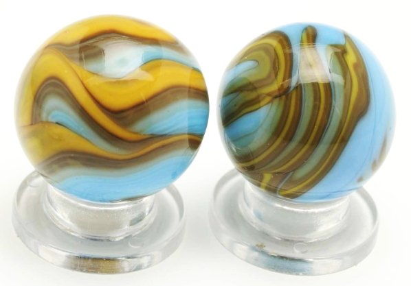 Lot of 2: Christensen Flame Marbles.: Both are yellow flames bordered in olive green to form the flame tips. The larger marble is slightly out-of-round. Condition (9.6 - 9.8). Size 3/4"" to 13/16"" Dia."