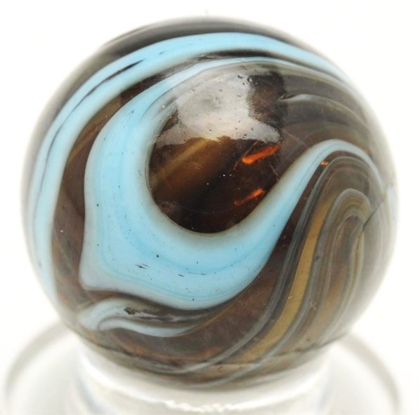 Christensen Agate Submarine Marble.: Light amber base glass with charcoal gray and baby blue striping. Very unusual color combination. This marble has two pinch lines. Condition (9.7). Size 21/32"" Dia."