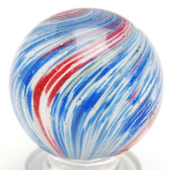 4-Paneled Onionskin Marble.: Two opposing panels of blue and white and red and white. Condition (9.3). Size 15/16"" Dia."