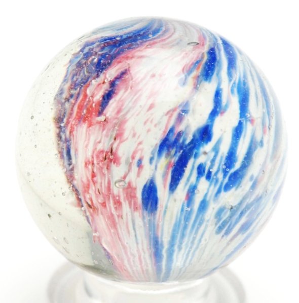 Shrunken Core 4-Paneled Onionskin Marble.: Beautiful faceted pontil. Two opposing panels of pink and white and two opposing panels of blue and white. Very nice blue spots throughout. Condition (9.8). Size 63/64"" Dia."
