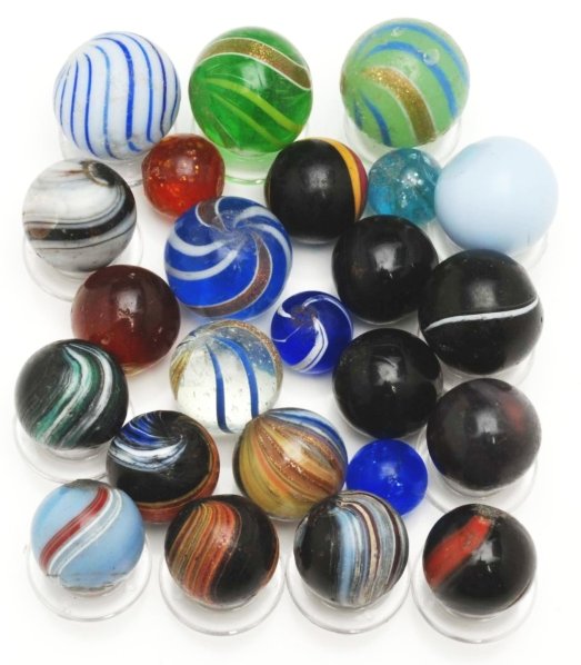 Lot of 24: Assorted Handmade Marbles.: Includes Indians, Navarre, clambroths, five lutz marbles, one blue banded opaque, and others. Condition (8.4 - 9.6). Size 1/2"" to 13/16"" Dia."