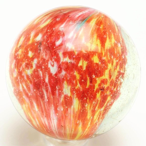 4-Panel Shrunken Core Onionskin Marble with Mica.: Shrunken core with two opposing panels of pink and white and two opposing panels of orange and yellow with some green. Mica is light in marble but spread throughout. Nice faceted pontil. Surface has n