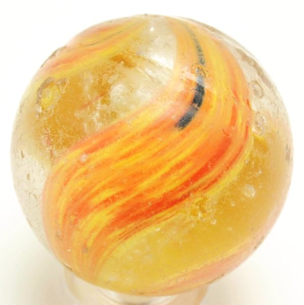 Open Paneled Onionskin Marble with Blizzard Mica.: Two panels of yellow and orange onionskin and two open panels. Core is made up of suspended mica. Condition (8.3). Size 1 - 5/16"" Dia."