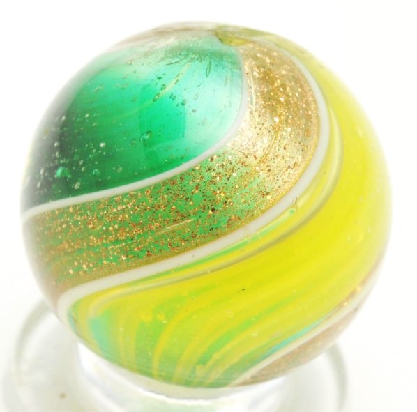 Ribbon Lutz Swirl Marble.: This ribbon is unusual. One side of ribbon is translucent green and the other side is yellow. Nice, wide, full lutz banding. This marble has been buffed with pontils still intact. Very minor damage is