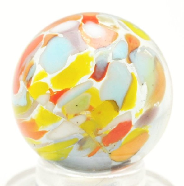 Christensen Agate Clear Base Guinea Marble.: Single cut line Guinea with 50% color coverage. Slight cyclone effect to inside. Condition (9.3). Size 21/32"" Dia."