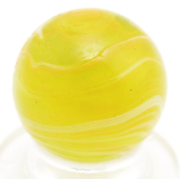 Christensen Agate Submarine Marble.: Transparent lime-green base with white and orange striping. This marble has two pinch lines. Outer striping in orange and white with submarine effect in yellow and orange. Some minor cold roll marks. 