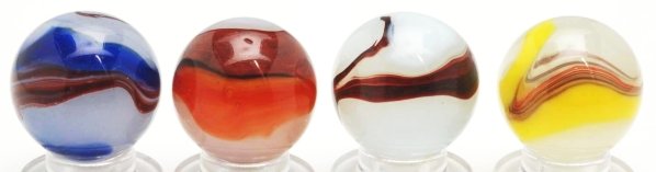 Lot of 4: Akro Agate Oxblood Marbles.: Includes one blue oxblood, one silver oxblood, one carnelian oxblood, and one egg yolk oxblood. Condition (9.1 - 9.6). Size 47/64"" to 3/4"" Dia."