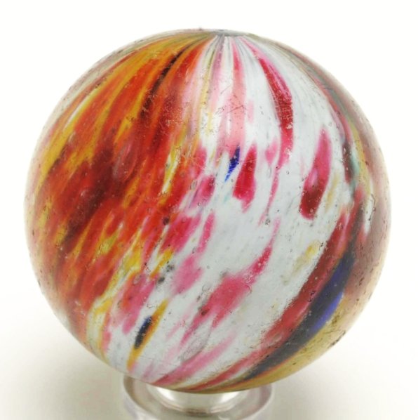 4-Paneled Onionskin Marble.: Two opposing panels of pink and white with some blue and two opposing panels of yellow and red. Condition (8.7). Size 1 - 11/16"" Dia."