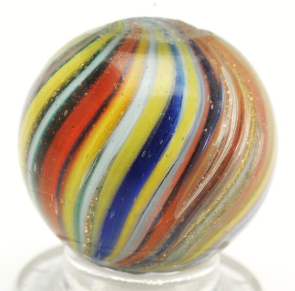 Onionskin Lutz Marble.: Colors include white, green, yellow, pink, orange, and blue. Condition (9.6). Size 23/32"" Dia."