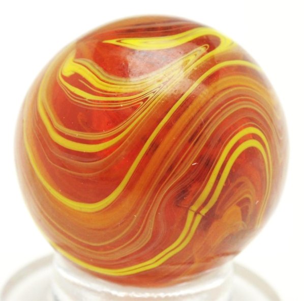 Christensen Agate Submarine Marble.: Amber transparent base with electric yellow and lavender striping. This marble has two pinch lines. Condition (9.4). Size 11/16"" Dia."