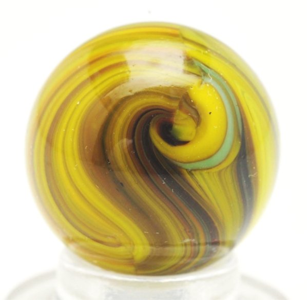 Christensen Agate Striped Opaque Marble.: Double pinch line with yellow, mint green, and brown. Some transparency to marble. Great tight-lined striping of colors. Condition (9.8). Size 5/8"" Dia."