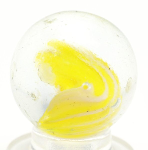 Christensen Agate Cyclone Marble.: Clear base with colors in electric yellow, lavender, and some white. Condition (8.7). Size 11/16"" Dia."