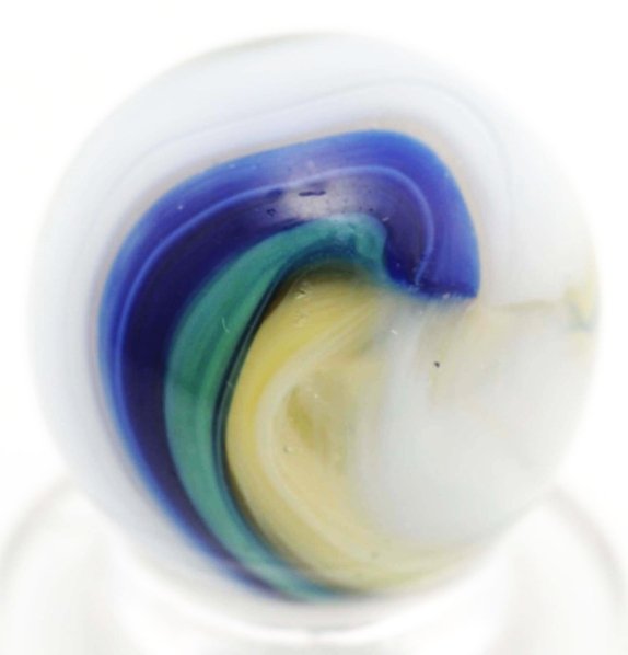 Hybrid Akro Agate Popeye Style Marble.: Nice dark cobalt line with green and yellow. Condition (9.5). Size 21/32"" Dia."