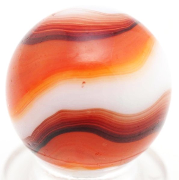 Akro Agate Oxblood Corkscrew Marble.: White base with orange and oxblood corkscrew. This marble has two micro flea bites. Condition (8.9). Size 23/32"" Dia."
