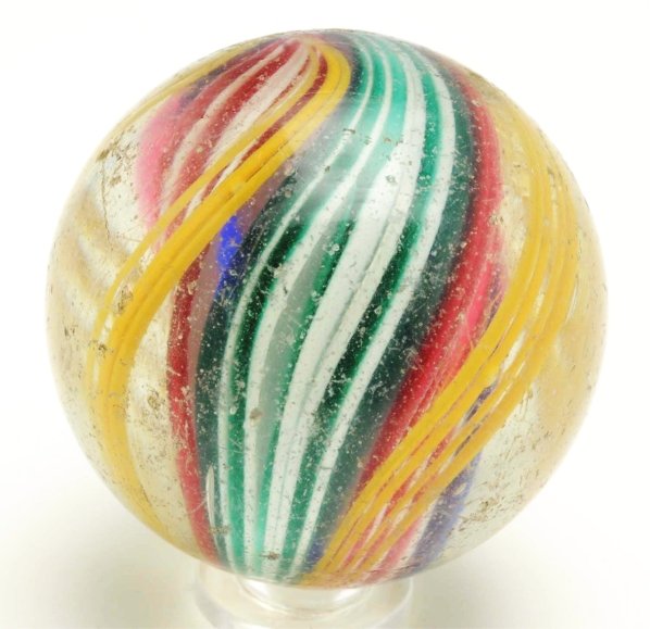 Divided Core Swirl Marble.: Multicolored divided core with outer decoration consisting of groups of four latticino threads. Surface shows wear and scratching. Condition (8.8). Size 1 - 13/16"" Dia."