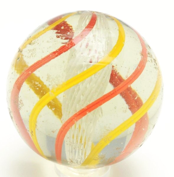 Large White Latticino Swirl Marble.: White latticino swirl with outer bands in bright red and bright yellow. Surface has several as-made scuff marks. Condition (8.9). Size 2"" Dia."