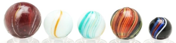 Lot of 5: Assorted Handmade Marbles.: Includes two banded opaques, two Indians, and one large maglite Indian in purple glass. Condition (8.9 - 9.8). Size 9/16"" to 13/16"" Dia."