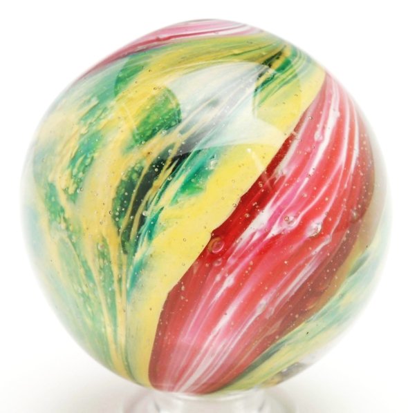 Shrunken Core Open Panel Lobed Onionskin Marble.: Pink and white core with two outer onionskin panels in green and yellow, each with one deep lobe. Nice open panels to see inside of core. This marble has been polished with no damage showing. Conditio