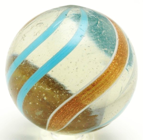 Large Banded Lutz Marble.: Transparent base with baby blue lines. This marble has an as-made hot spot near top pontil and minor flea bites throughout. Condition (8.9). Size 1 - 11/16"" Dia."