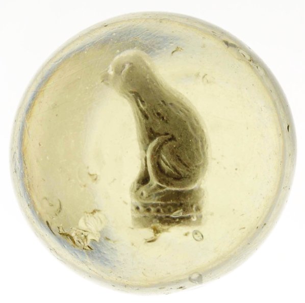 Lot of 3: Sulphide Marbles.: The smallest marble is a frog figure and the largest is a seated monkey figure. Also includes a squirrel eating a nut figure. Condition (8.4 - 8.6). Size 1 - 9/16"" to 1 - 15/16"" Dia."