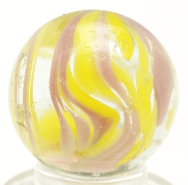Christensen Agate Cyclone Marble.: Transparent clear base glass with lavender and yellow. This marble has several small chips to surface. Condition (8.7). Size 11/16"" Dia."