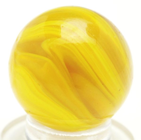 Christensen Agate Submarine Marble.: Crystal clear base with electric yellow striping and some black striping as well. One as-made cold roll mark. Condition (9.4). Size 5/8"" Dia."