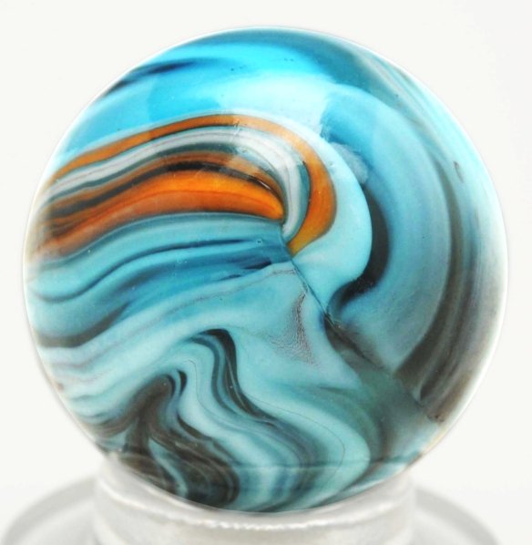 Christensen Agate Submarine Marble.: Very striking submarine with aqua transparent base. Outer striping in white, pumpkin orange, and charcoal. There is so much color on the outside that it is hard to see the transparent base. Unique 3-D