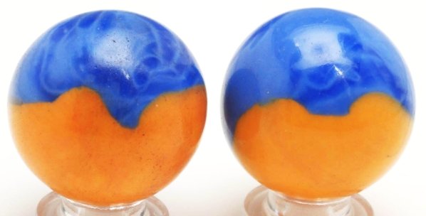 Lot of 2: Akro Agate Experimental Patch Marbles.: Extremely hard to find orange base with royal blue patch marbles. Condition (9.4 - 9.6). Size Each: 1 - 1/16"" Dia."