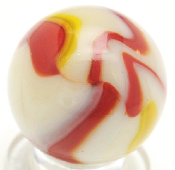 Peltier Ketchup & Mustard Marble.: Great example of this marble with white base. Minor subsurface reflections. Condition (9.0). Size 25/32"" Dia."