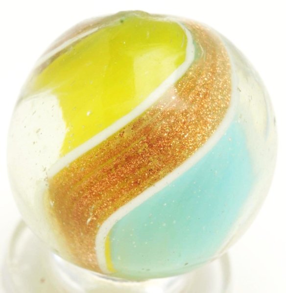 Ribbon Lutz Swirl Marble.: Ribbon lutz with one side in yellow and the other side in baby blue. Condition (9.0). Size 27/32"" Dia."