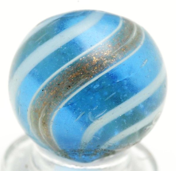Blue Glass Banded Lutz Marble.: Transparent medium blue base with white bands. One micro subsurface reflection and one as-made hot spot. Condition (9.2). Size 11/16"" Dia."