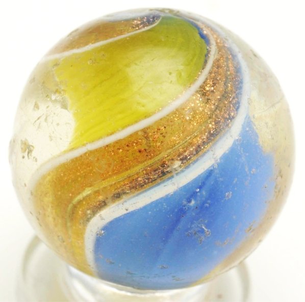Ribbon Lutz Swirl Marble.: One side of ribbon is blue and the other side is yellow. Condition (8.6). Size 7/8"" Dia."
