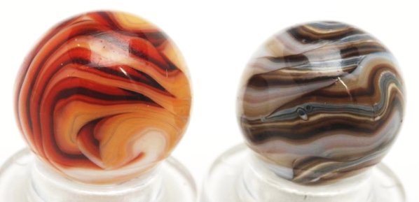 Unusual Christensen Agate Flame Marble.: Colors include white, black, chocolate brown, gray, and tan. Colors are very unusual for a Christensen flame marble. Condition (9.7)."