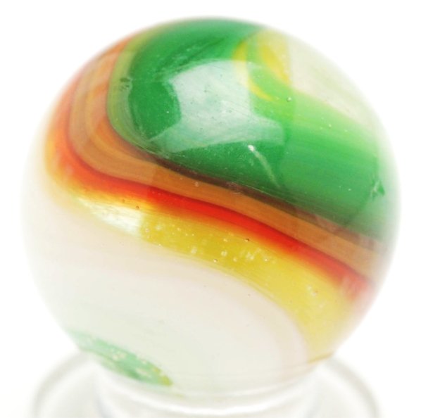 Akro Agate Hybrid Popeye Marble.: Colors include yellow, green, golden brown, and reddish-orange. Two small flea bites. Condition (8.85). Size 3/4"" Dia."