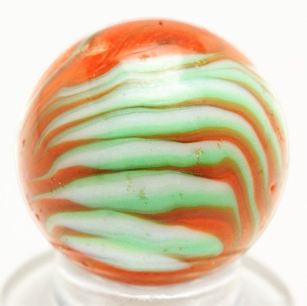 Christensen Agate Tri-Color Flame Marble.: White base with orange and mint green flames. Great flame pattern. Several small chips throughout. Condition (8.7). Size 5/8"" Dia."